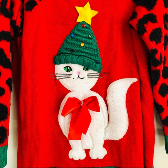 HOLYDAY TIME UGLY SWEATER SIZE 1X (16w/18w) KNIT PULLOVER CAT FUZZY ANIMAL PS2 - Picture 3 of 6